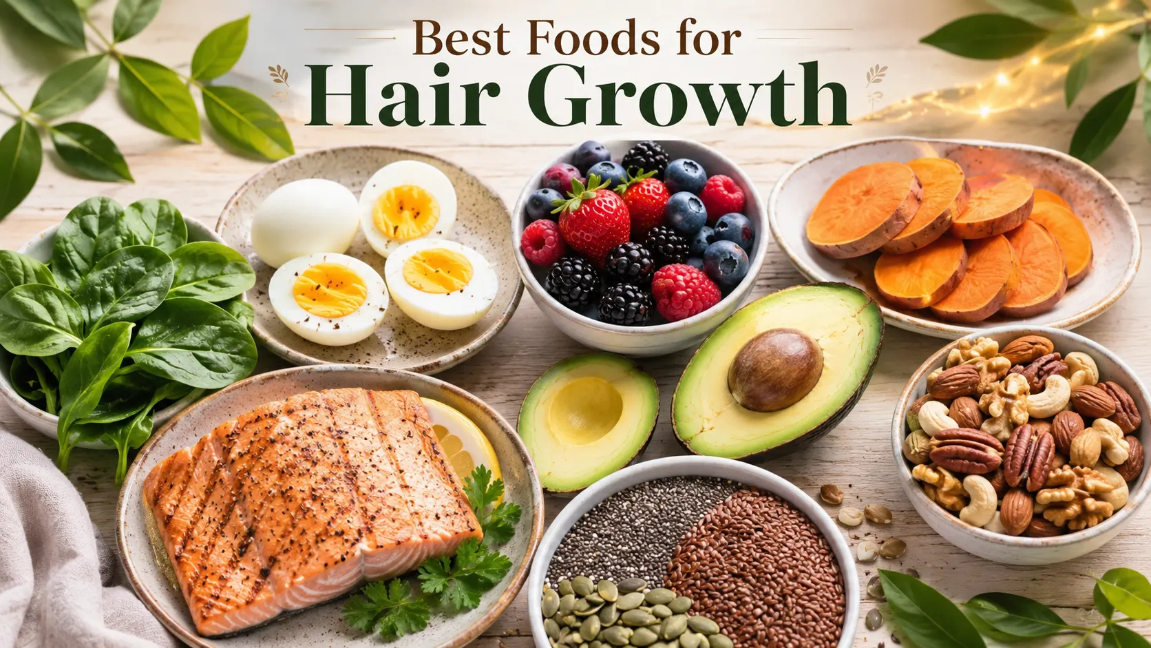 Best Foods for Hair Growth featuring eggs, sweet potatoes, berries, avocado, spinach, nuts, salmon, and seeds arranged on a wooden table.