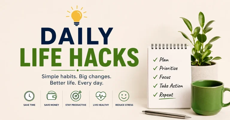 Infographic featuring daily life hacks and practical tips for productivity, home organization, money saving, health, time management, and stress-free living.