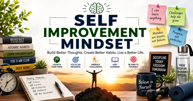 Self improvement mindset concept featuring personal growth, positive habits, goal setting, productivity, learning, discipline, and motivation for long-term success.