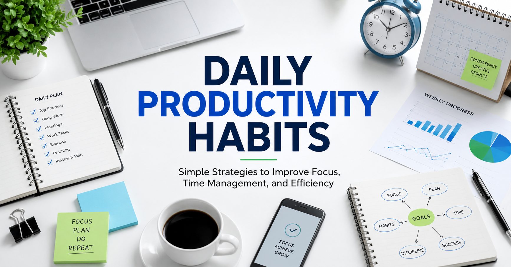 Daily Productivity Habits featured image showing a productive workspace with a laptop, planner, calendar, checklist, smartphone, coffee cup, productivity charts, and goal-setting elements.
