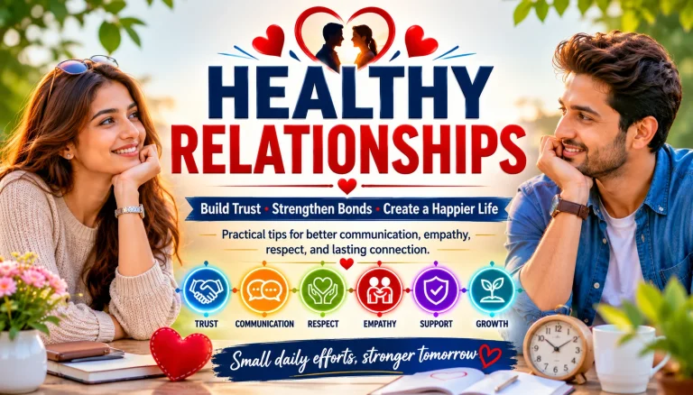 Healthy Relationships guide showing trust, communication, empathy, respect, support, and emotional connection between a happy couple