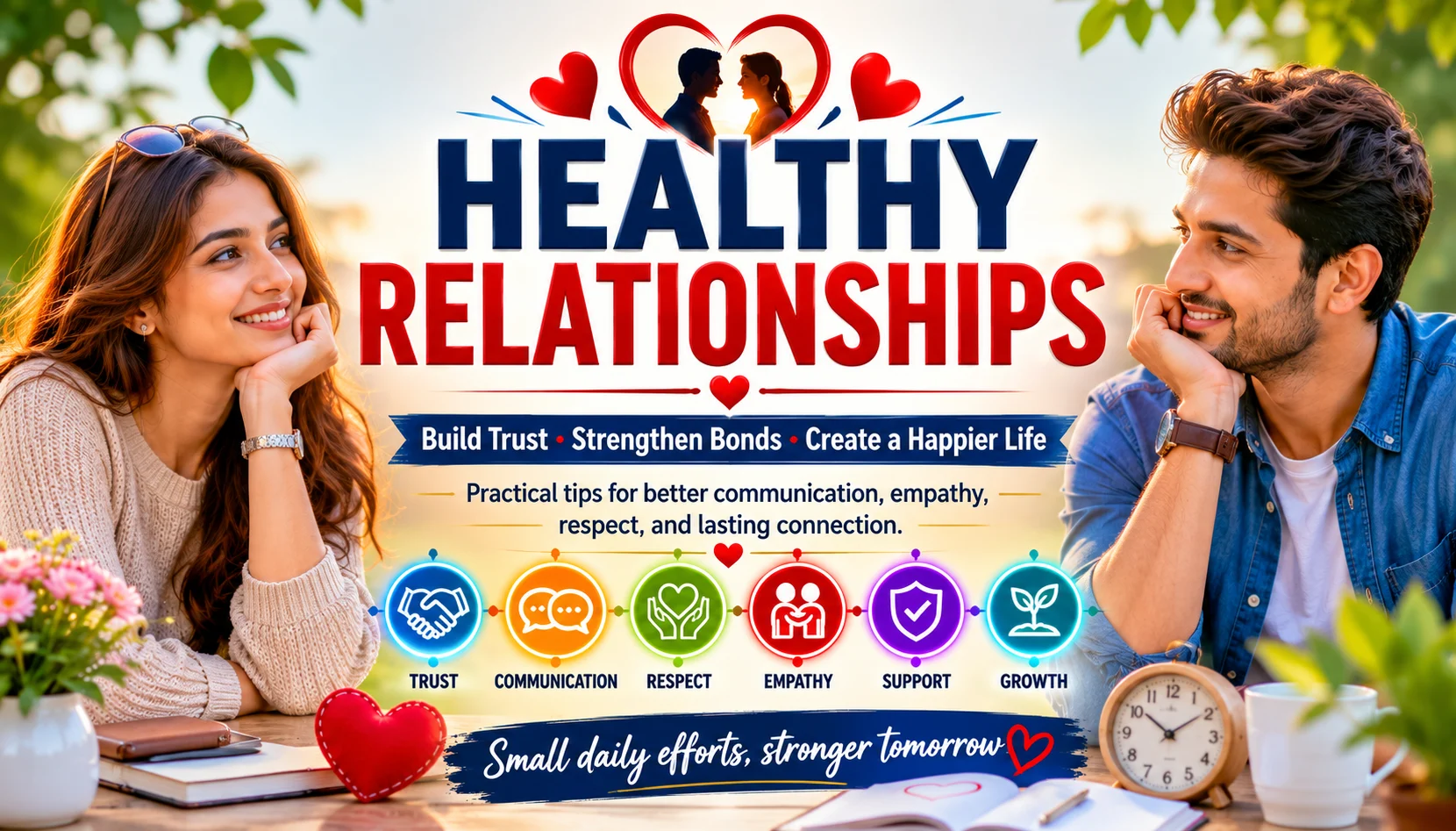 Healthy Relationships guide showing trust, communication, empathy, respect, support, and emotional connection between a happy couple
