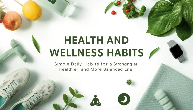 Health and wellness habits concept featuring healthy food, exercise equipment, hydration, sleep, mindfulness, and balanced lifestyle elements with centered title text.