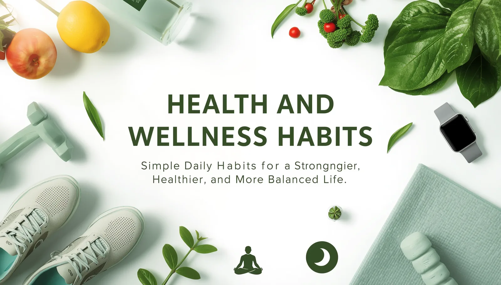 Health and wellness habits concept featuring healthy food, exercise equipment, hydration, sleep, mindfulness, and balanced lifestyle elements with centered title text.