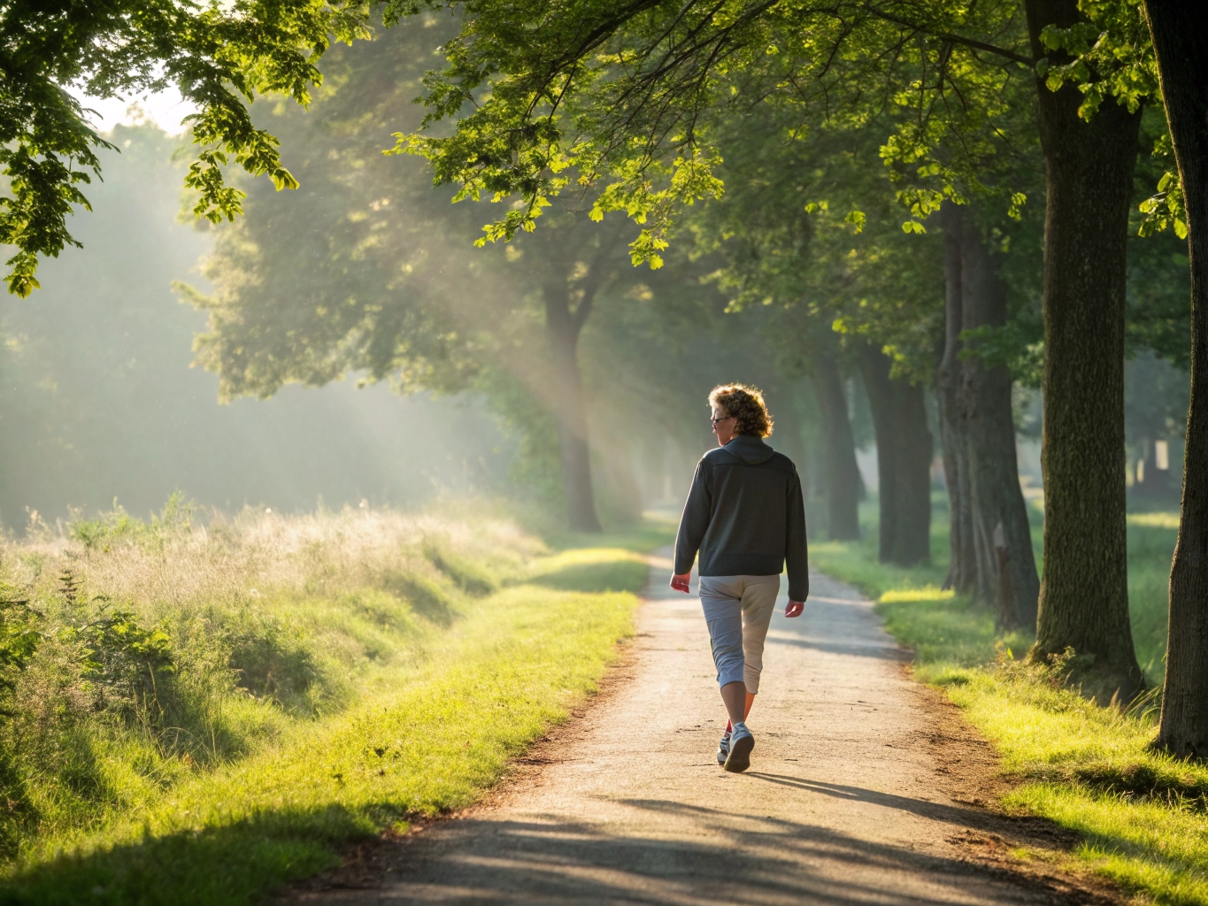 10 Minute Walk After Meals Benefits – person enjoying a gentle walk in a park after eating to support digestion, blood sugar control, heart health, and weight management.