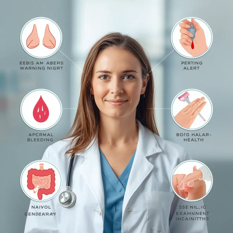 Cancer warning signs in women including breast changes, abnormal bleeding, bloating, and a dark line under the nail
