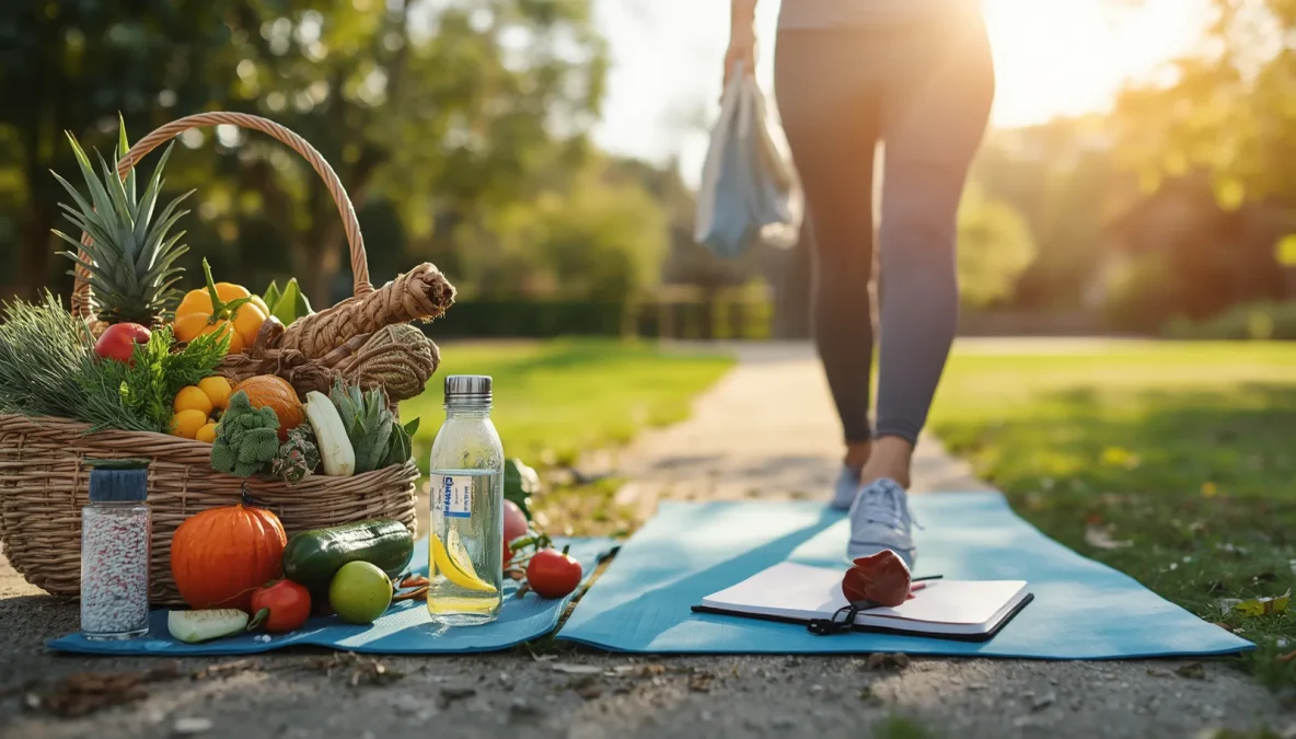 Health and wellness lifestyle with healthy food, walking, hydration, sleep, stress management, and daily wellness habits.