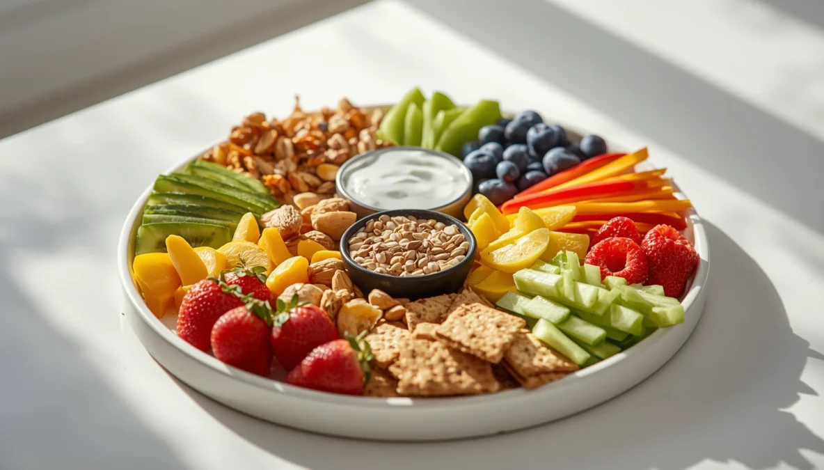 Importance of snacking with healthy snacks like fruits, nuts, yogurt, roasted chana, vegetables, and seeds.