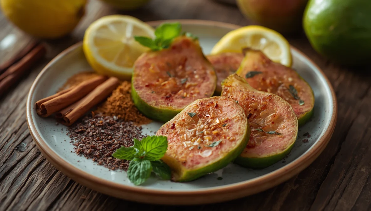 Reasons you must eat roasted guava with warm guava slices, lemon, cumin, black salt, and healthy fruit snack ingredients.