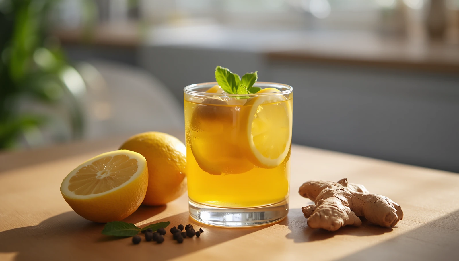 Lemon turmeric water benefits with fresh lemon, turmeric, black pepper, and healthy morning wellness drink.