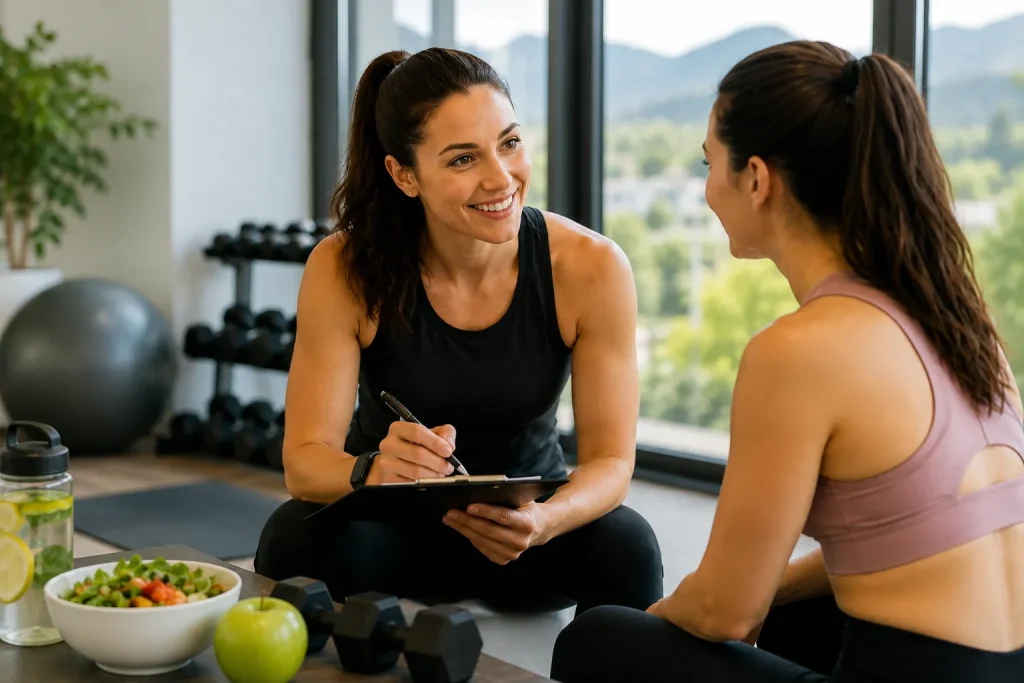 Professional weight loss coach discussing a personalized nutrition and fitness plan with a client.