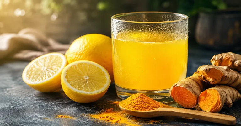 Glass of lemon turmeric water with fresh lemon and turmeric