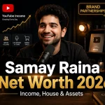 Samay Raina in a modern creator studio with a microphone, chessboard, comedy stage lights, YouTube-themed elements, audience silhouettes, and the headline "Samay Raina Net Worth 2026 – Income, House & Assets.