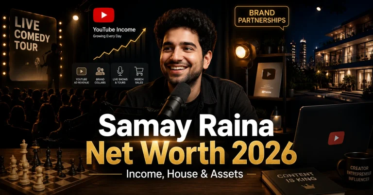 Samay Raina in a modern creator studio with a microphone, chessboard, comedy stage lights, YouTube-themed elements, audience silhouettes, and the headline "Samay Raina Net Worth 2026 – Income, House & Assets.