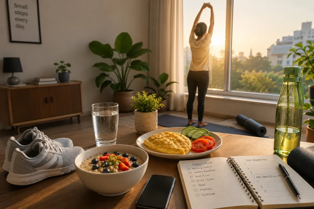 Healthy morning routine with hydration, movement, balanced breakfast and daily planning