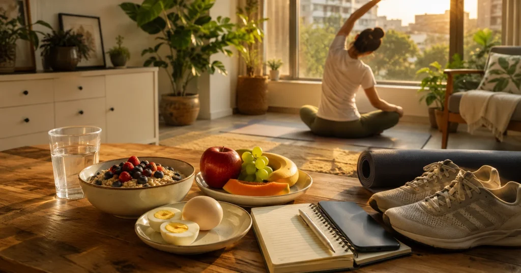 Daily healthy habits including stretching, healthy breakfast, hydration and morning routine in a modern Indian home