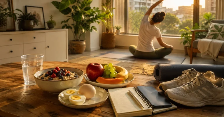 Daily healthy habits including stretching, healthy breakfast, hydration and morning routine in a modern Indian home