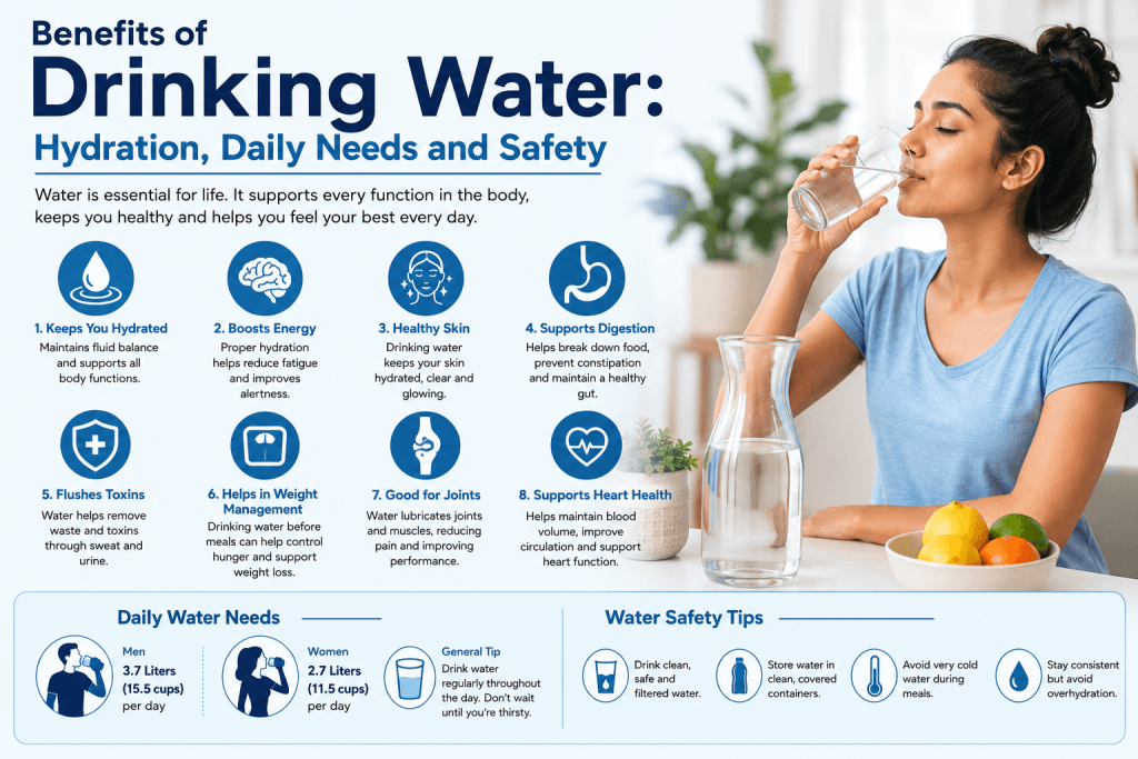 Person drinking a glass of water with hydration benefits, daily water intake guidance, and water safety information.