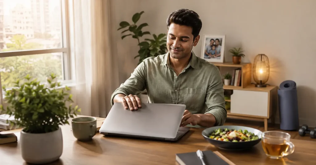 Indian professional achieving work-life balance by finishing work in a peaceful home office