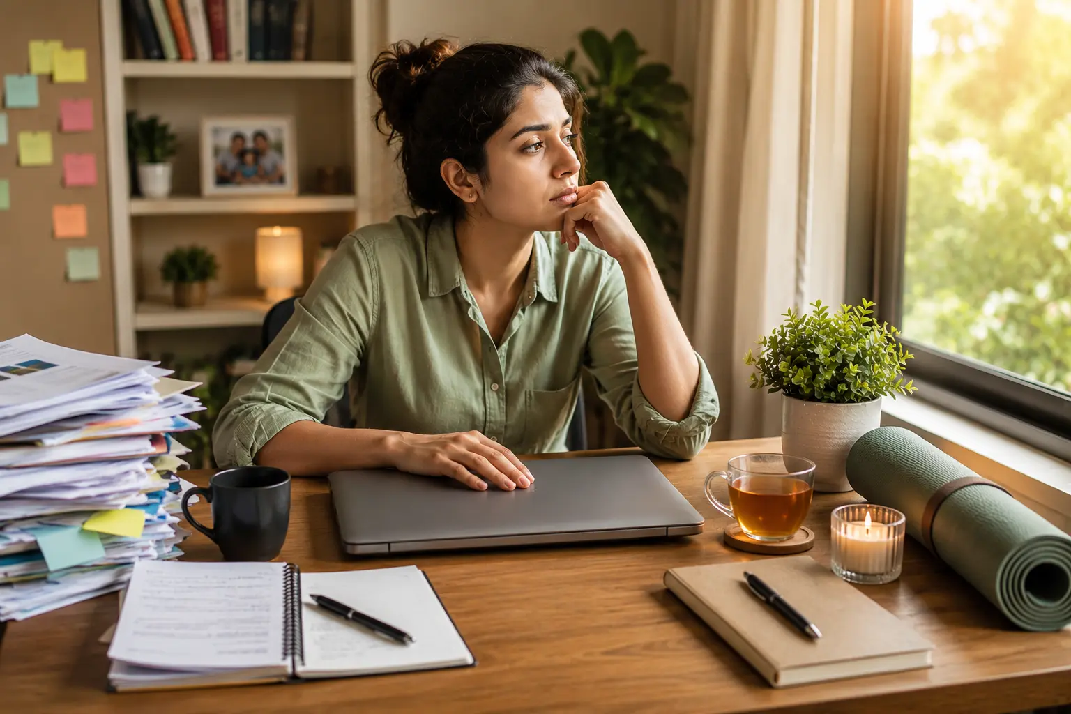Indian professional experiencing burnout while reflecting in a peaceful home office workspace