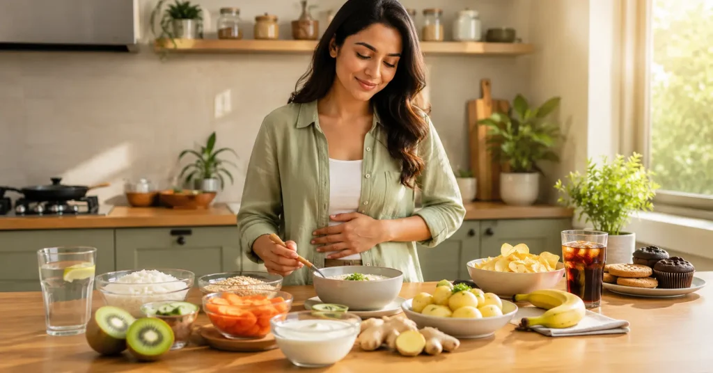 Healthy Indian adult preparing gut-friendly debloat foods in a bright modern kitchen to support digestion and reduce bloating