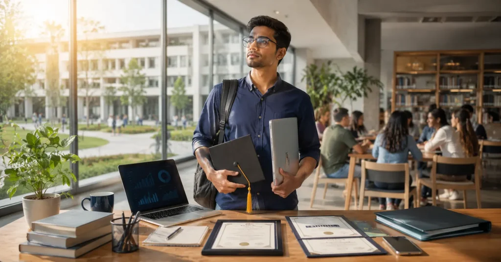 Indian student evaluating degree value in 2026 with graduation certificate, laptop, and career planning materials