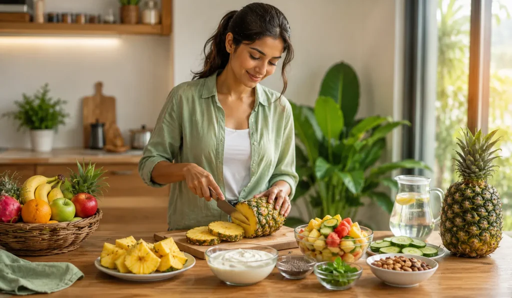 Fresh pineapple with yogurt and healthy ingredients on a wooden table in a modern Indian kitchen