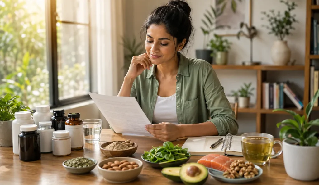 Evidence-based supplements for cortisol with ashwagandha, magnesium-rich foods, omega-3 sources, and a healthy Indian adult reviewing wellness information