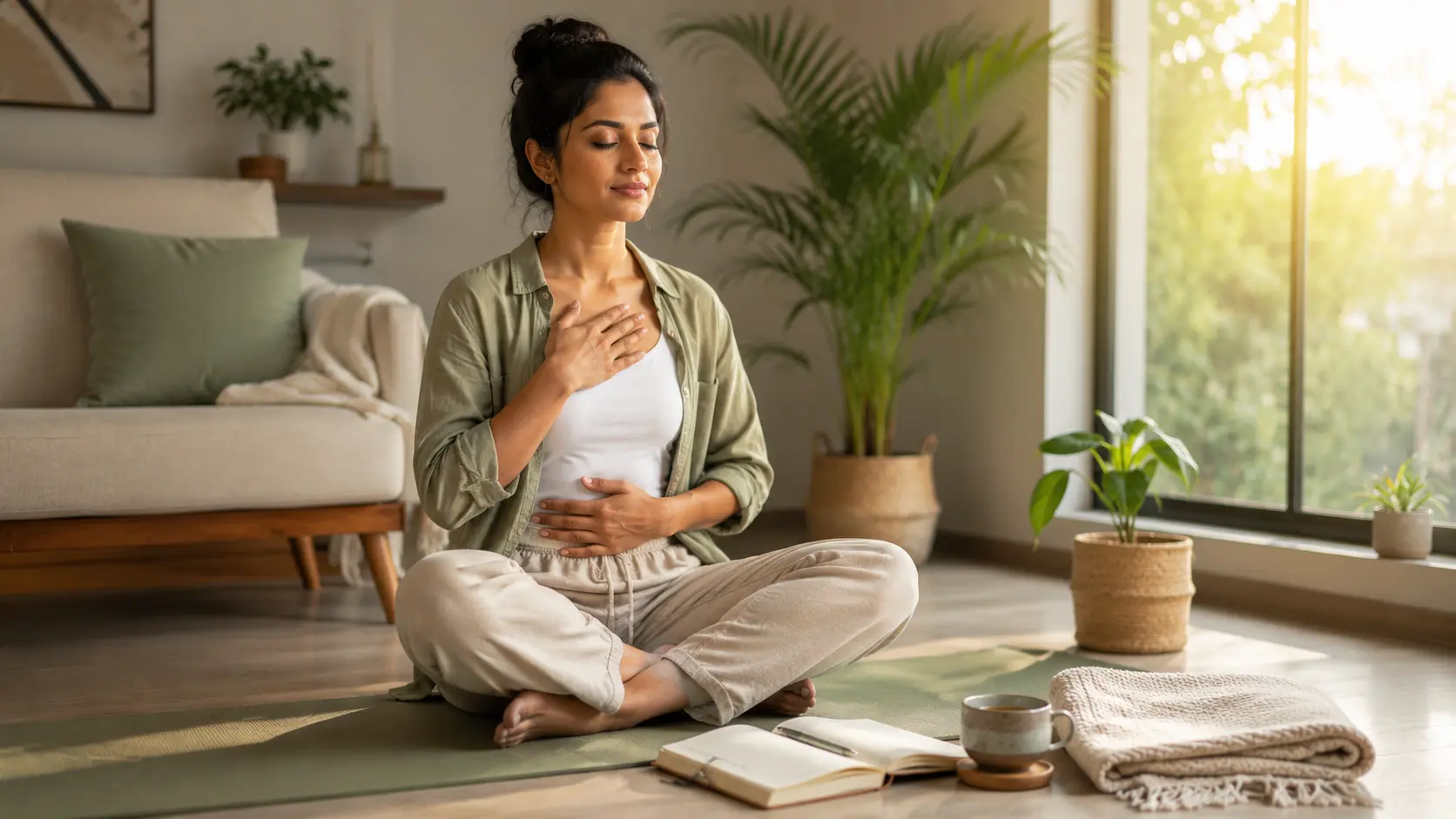 Mindfulness for beginners with an Indian adult practicing mindful breathing in a calm, sunlit room with a yoga mat, herbal tea, indoor plant, and peaceful home environment.
