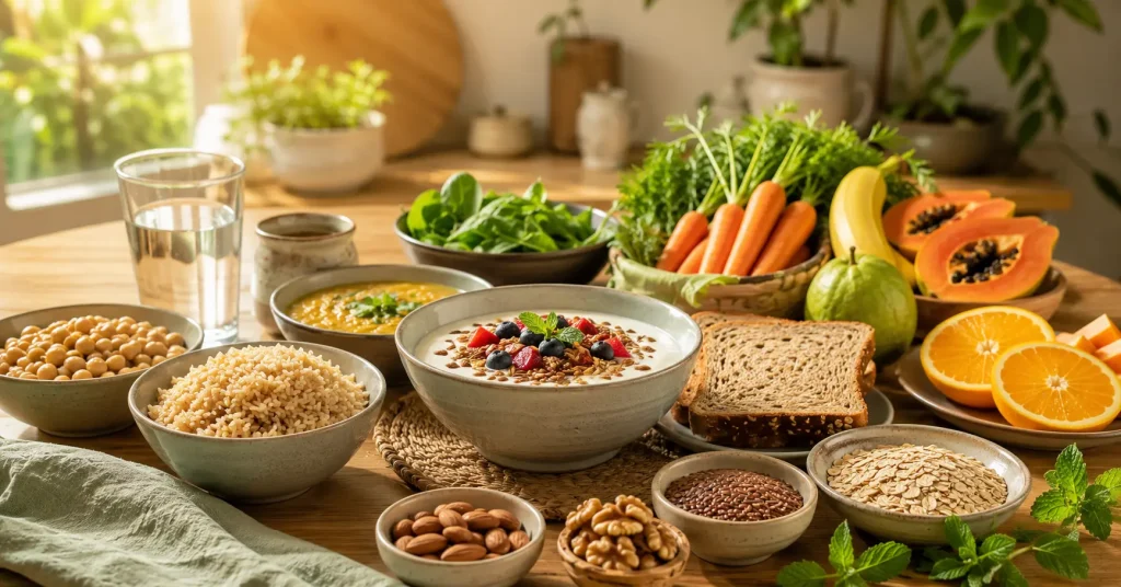 Colourful fibre-rich Indian foods including vegetables, fruits, whole grains, pulses and curd for improving gut health naturally.