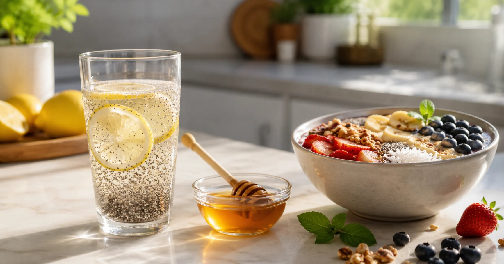 Soaked Chia Seeds Water With Lemon and Honey before breakfast