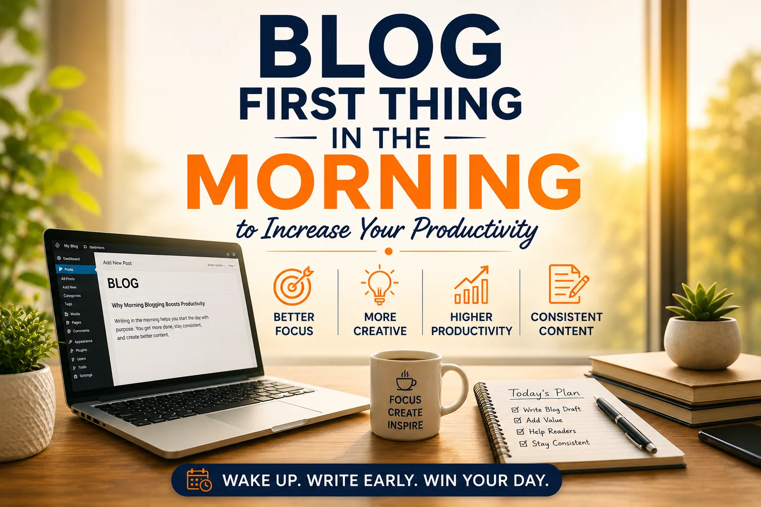 Blog First Thing in the Morning workspace showing a focused blogger writing early to increase productivity and creativity