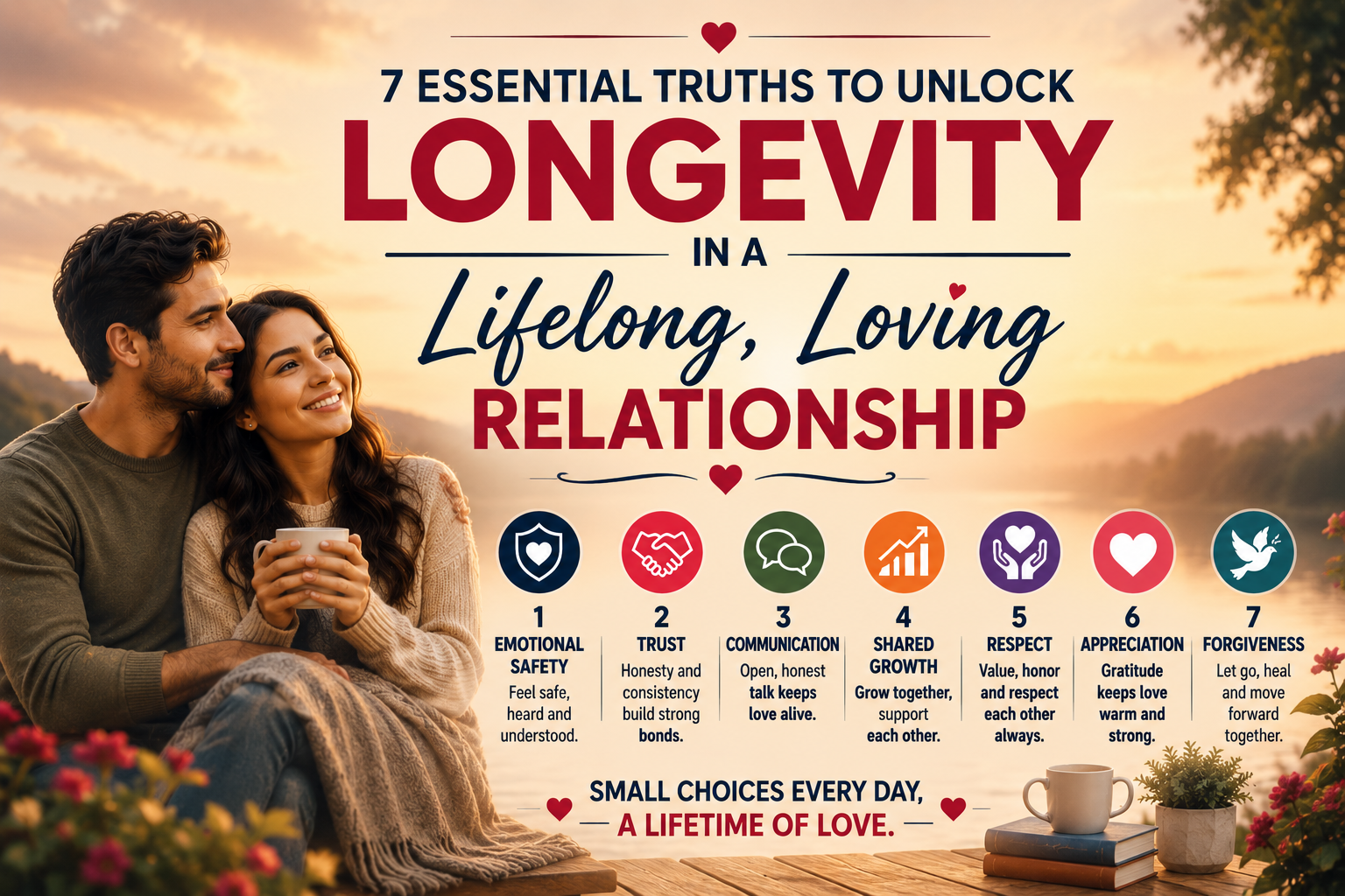 Lifelong loving relationship showing a happy couple building trust, communication, respect, and lasting love together