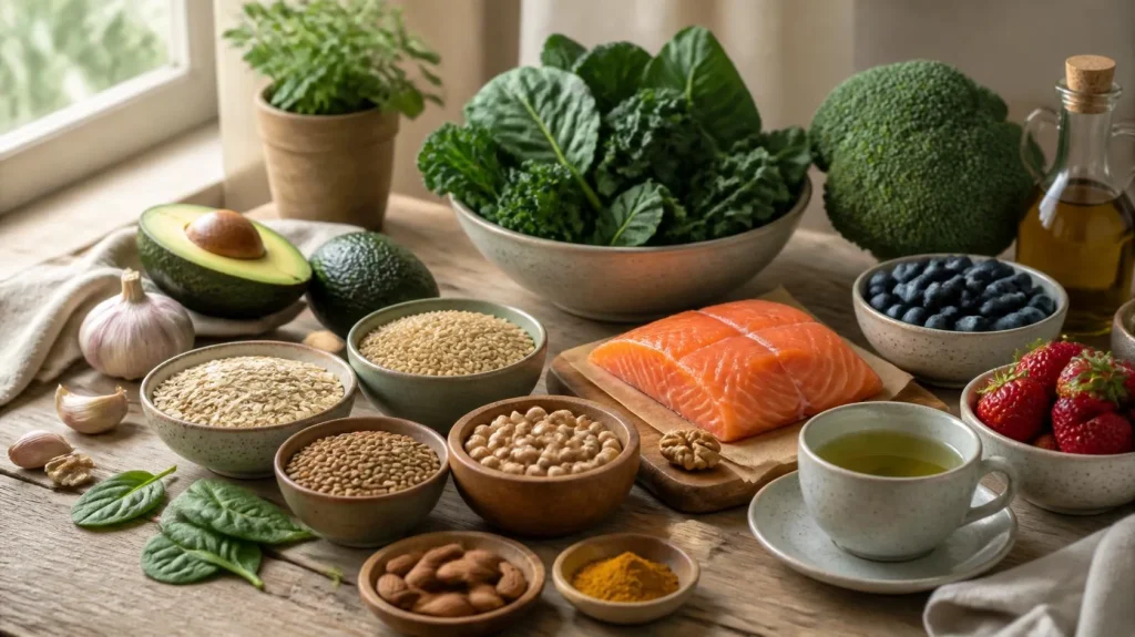 Foods beneficial for natural liver health including leafy greens, berries, salmon, whole grains, olive oil, and nuts on a wooden table