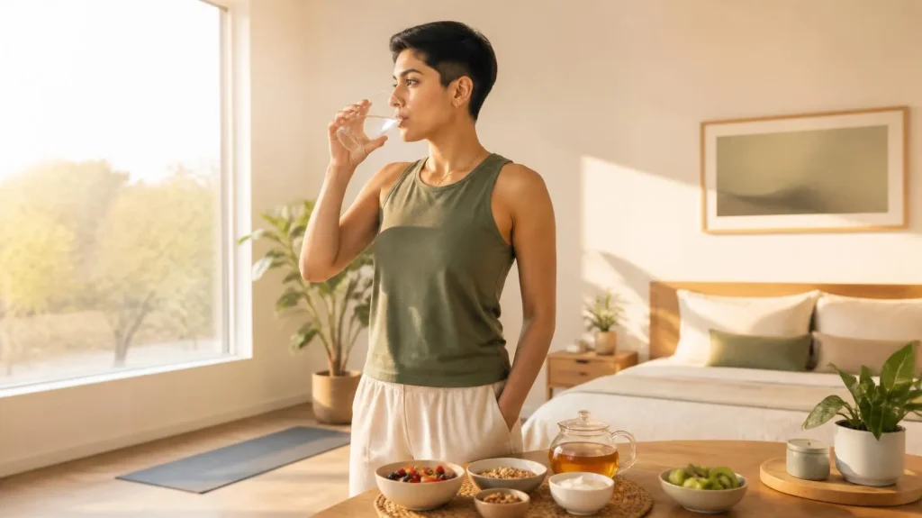 Healthy morning routine with water, stretching, sunlight, and a nutritious breakfast in a bright home setting