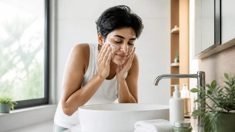 Person washing face with a gentle cleanser and lukewarm water in a bright modern bathroom