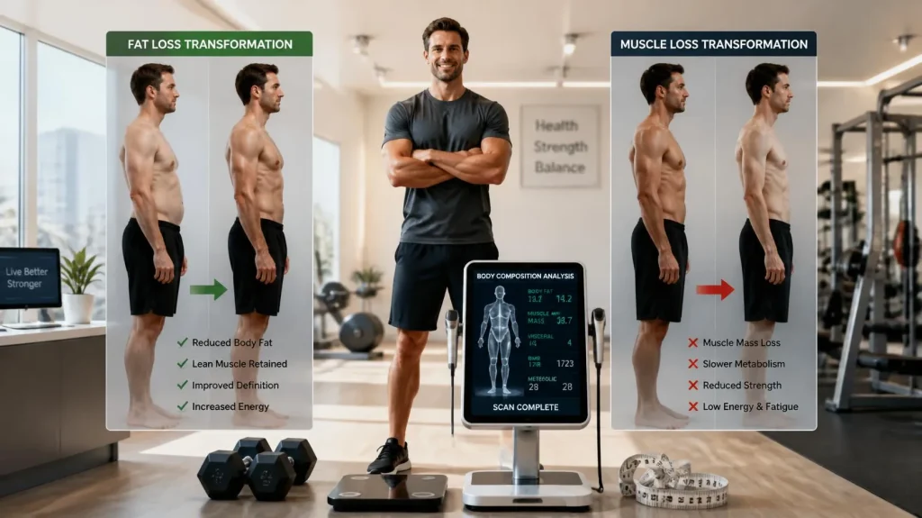 Fat loss vs muscle loss comparison showing body composition changes during healthy weight loss with strength training and nutrition.