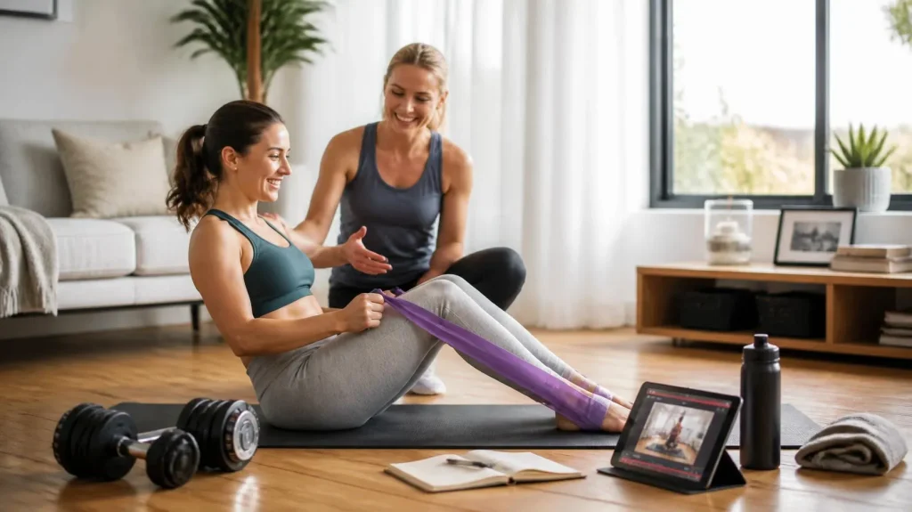 Certified fitness coach helping a client with a personalized home workout instead of training at a gym.