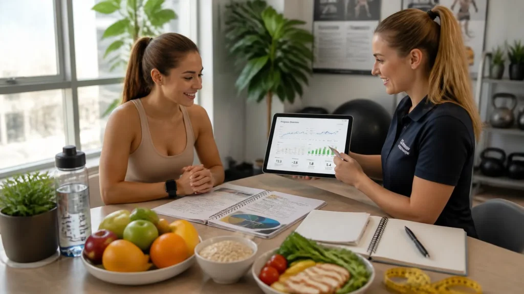 Weight loss coach creating a personalized nutrition and fitness plan for a client.