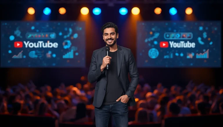 Samay Raina performing stand-up comedy on stage with YouTube and creator income source icons representing his net worth and earnings in 2026.