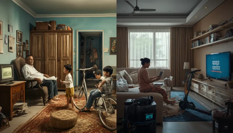Split-screen comparison of everyday life in India in 1980 and 2026, showing the transformation from traditional living to a modern digital lifestyle.