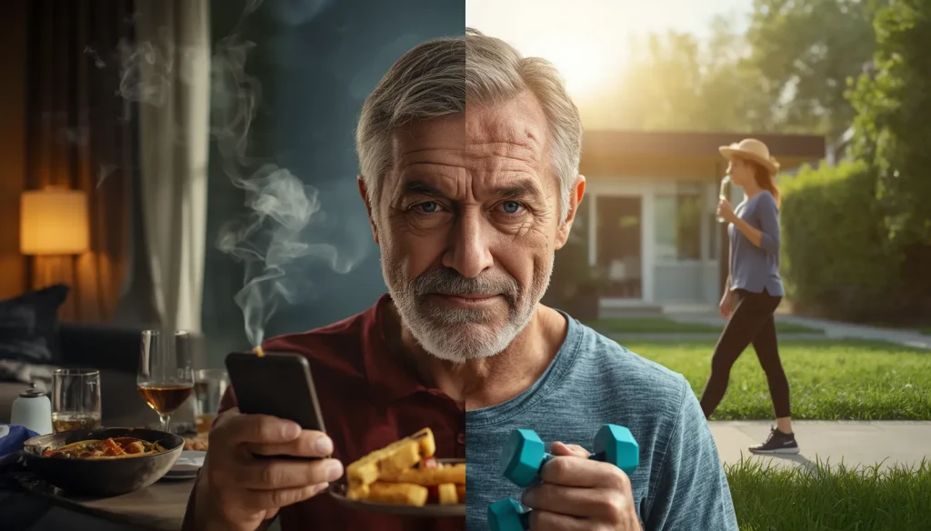 Person comparing unhealthy and healthy lifestyle habits that affect healthy ageing and overall wellbeing.