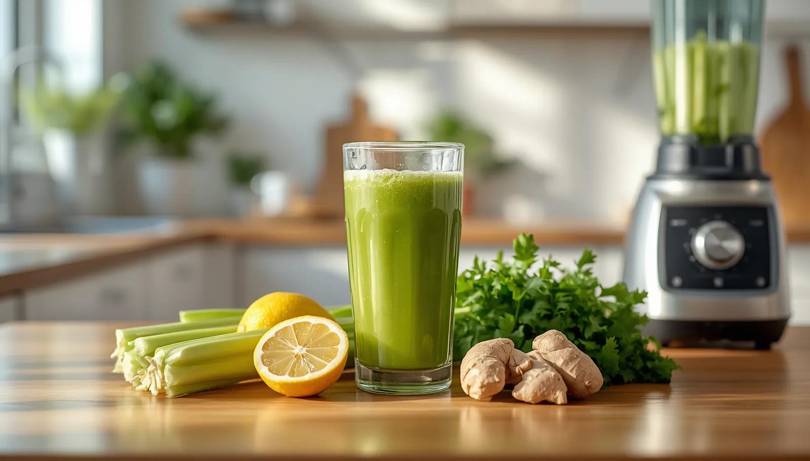 Fresh homemade celery juice with celery stalks, lemon, ginger, and a blender on a kitchen counter, illustrating a simple celery juice recipe for digestive health.