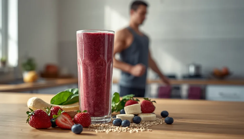 Berry and banana vitality smoothie with Greek yogurt, oats, spinach, and flaxseeds on a kitchen counter for a healthy energy-boosting breakfast.