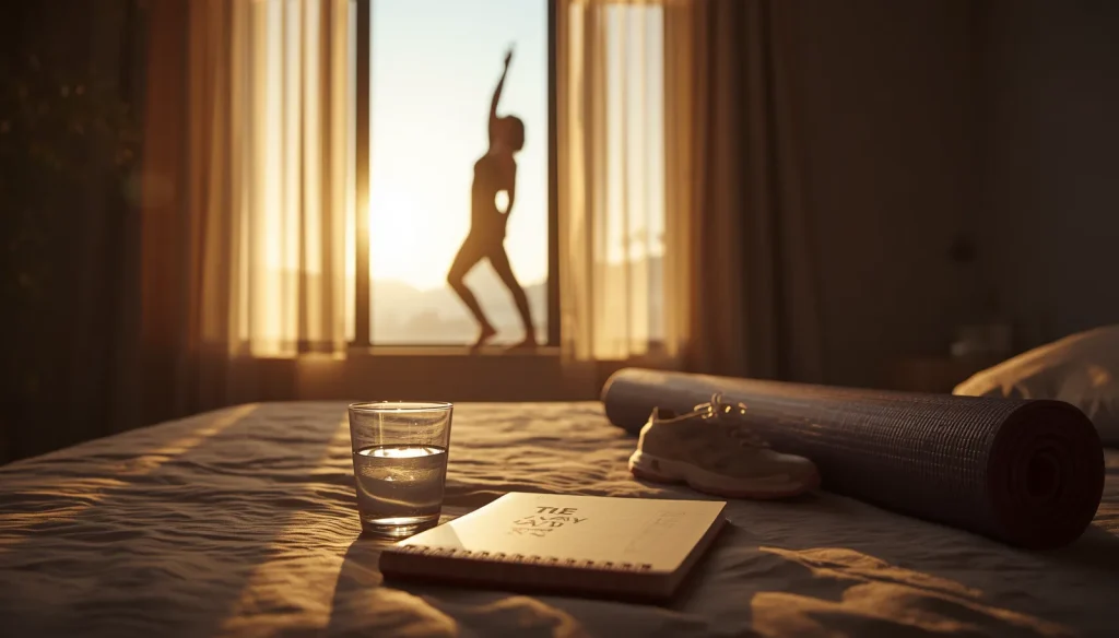 Peaceful morning routine with sunlight, a glass of water, notebook, walking shoes, and gentle stretching beside a bedroom window.