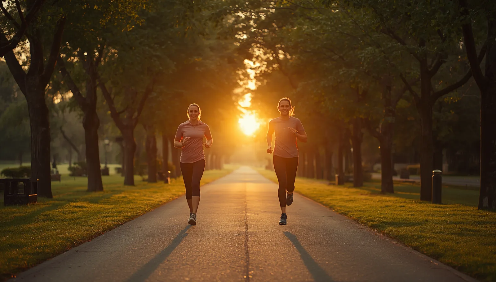 A brisk walker and a runner exercising side by side on a park trail during sunrise, comparing walking and running for fitness and health.