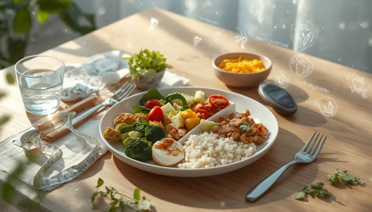 Diabetes plate guide showing balanced Indian meal with vegetables, protein, and healthy carbohydrates