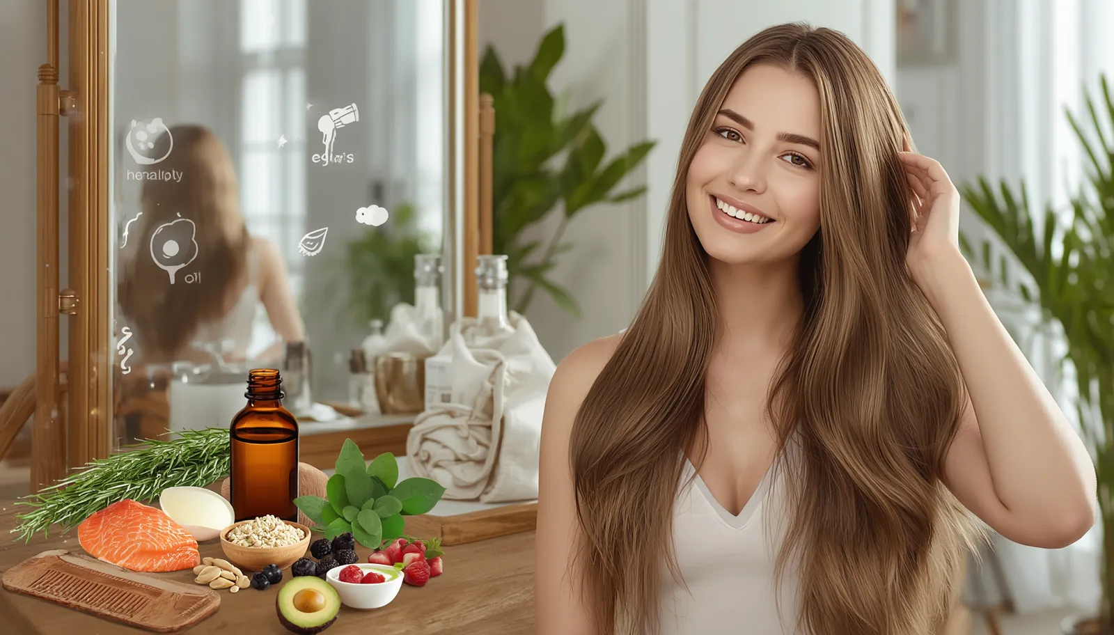 Natural hair growth remedies including rosemary oil, healthy foods, and gentle hair care for stronger hair