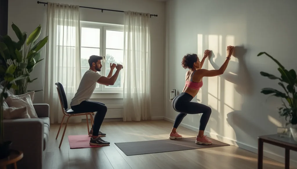 Indian beginner performing a 15-minute no-equipment home workout with chair squats and wall push-ups in a modern living room.