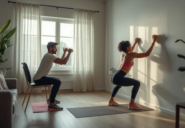 Indian beginner performing a 15-minute no-equipment home workout with chair squats and wall push-ups in a modern living room.
